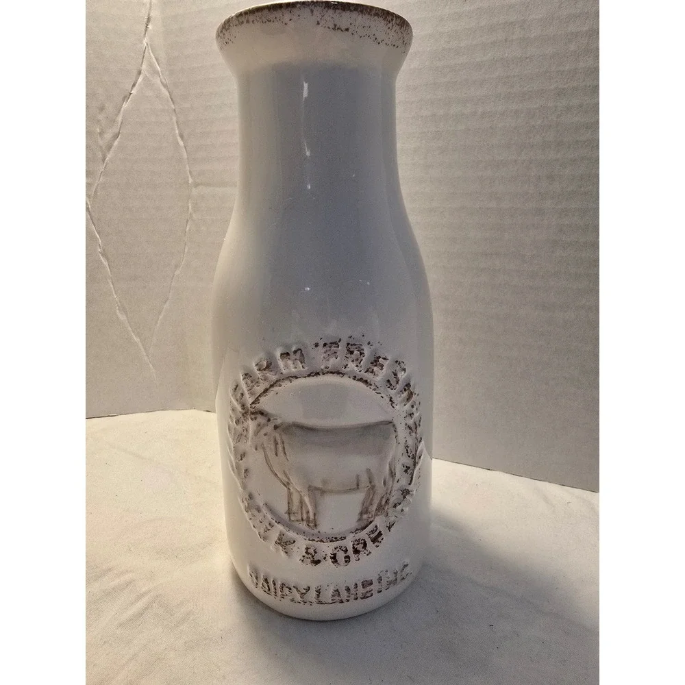 Farm Fresh Milk & Cream Ceramic Cow Milk Bottle Vase White Distressed 8.5